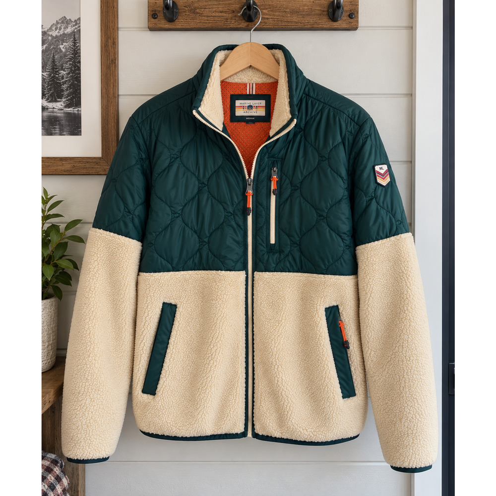Marine Layer Archive Bariloche Sherpa Jacket Medium Green Tan Full Zip Rare NWOT - Picture 2 of 12